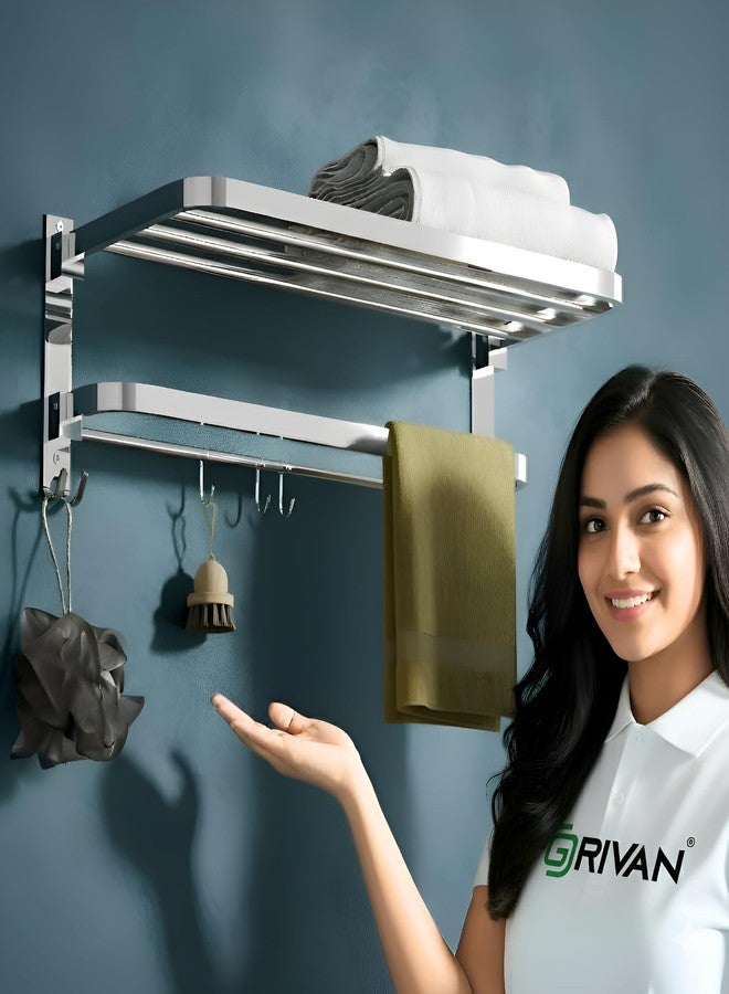 GRIVAN Stainless Steel 24 Inch Folding Towel Rack with Multiple Hooks | Bathroom Shelf, Hanger, Stand & Wall Mount Accessories (Silver Chrome Finish) - Image 1